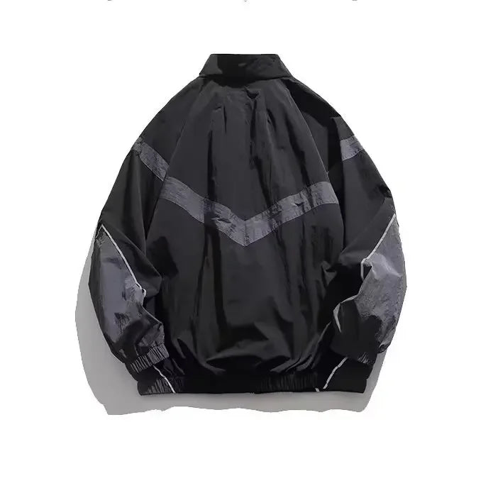Trendy American Style Zippered Hooded Jacket Men's Loose Fit Casual Autumn Fashion Thin Jacket Reflective Patchwork Stand Collar