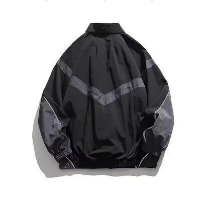 Trendy American Style Zippered Hooded Jacket Men's Loose Fit Casual Autumn Fashion Thin Jacket Reflective Patchwork Stand Collar