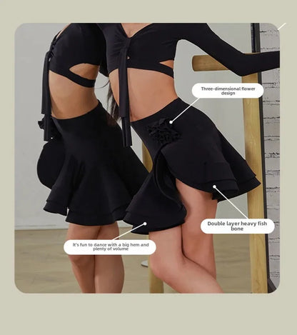 Latin Dance set Clothes Girls Long SLeeves Short Top Skirt Cha cha samba Performance Competition Dress Burgundy Black Dress Kids