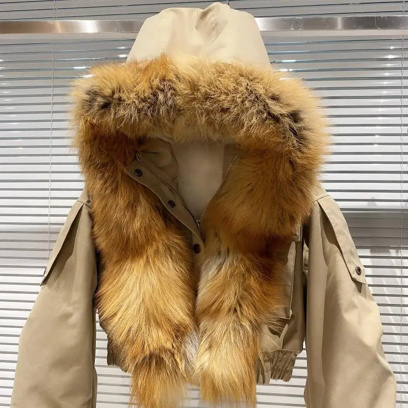 Big Fox Fur Collar Removable Rabbit Liner Short Coat Jacket for Women Winter Elastic Hem Hooded Jackets Wram Fashion Outwear