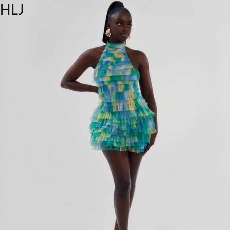 HLJ Sexy Mesh Ruched Patchwork Bodycon Dresses Women Cake Gradient Halter Backless Dress Female Streetwear Vestidos Summer New