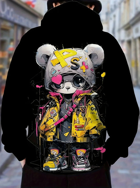 2025 New Men's Autumn Fashion Cartoon Bear Printed Soft and Comfortable Hoodie Suitable for Outdoor Street Wear