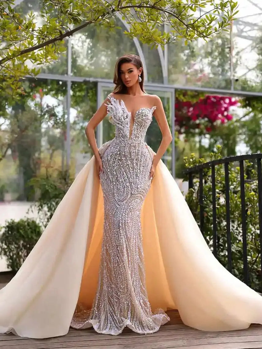 Fashion Mermaid Evening Dress Sleeveless Prom Gowns V-Neck Beads Satin Pearls Sexy Prom Dress vestidos de novia Size Customized