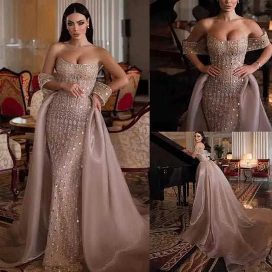 Classic Evening Dresses Mermaid Sleeveless Strapless Sequins Lace Up Floor Length Prom Dress Vestido De Noite Customized