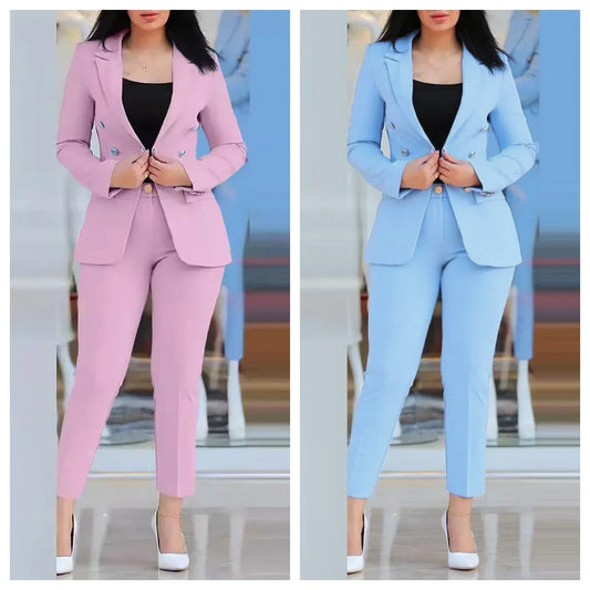 Sets for Women 2 Pieces Autumn Fashion Notched Neck Long Sleeve Blazer & Elegant High Waist Work Pants Set Office Lady