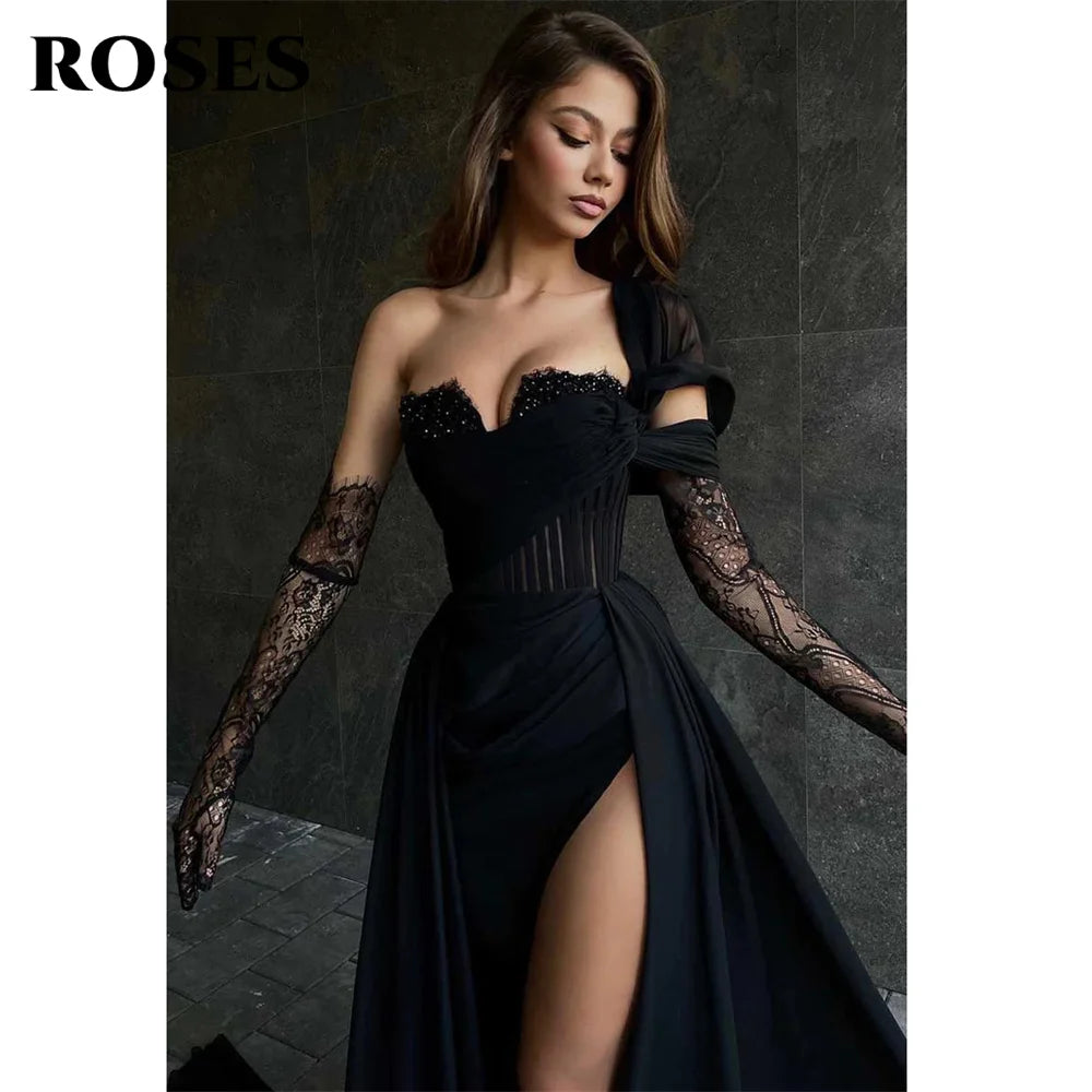 ROSES Red Side High Split Mermaid Evening Dresses One Shoulder Prom Dresses Sweetheart Stain Formal Occasion Dress Customized