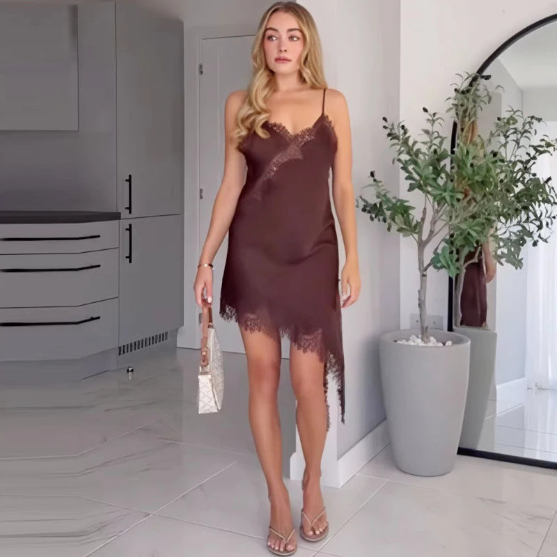 HXAO Womens Dresses Lace Asymmetric Slip Dress Summer 2025 Sexy Evening Dresses Ladies Mini Brown Sleeveless Backless Vestidos