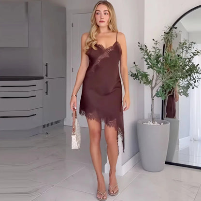 HXAO Womens Dresses Lace Asymmetric Slip Dress Summer 2025 Sexy Evening Dresses Ladies Mini Brown Sleeveless Backless Vestidos