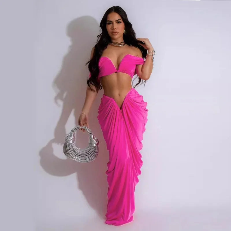 Sexy Party Night Ruched Maxi Dress Sets for Women Two Piece Set Sexy Club Outfits Slash Neck Crop Top + Long Skirt Matching Sets