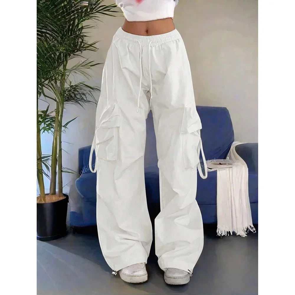 Loose Wide Leg Casual Pants Women's Workwear Trousers with Big Pockets Vintage Long Pants High Street Trend New 2025