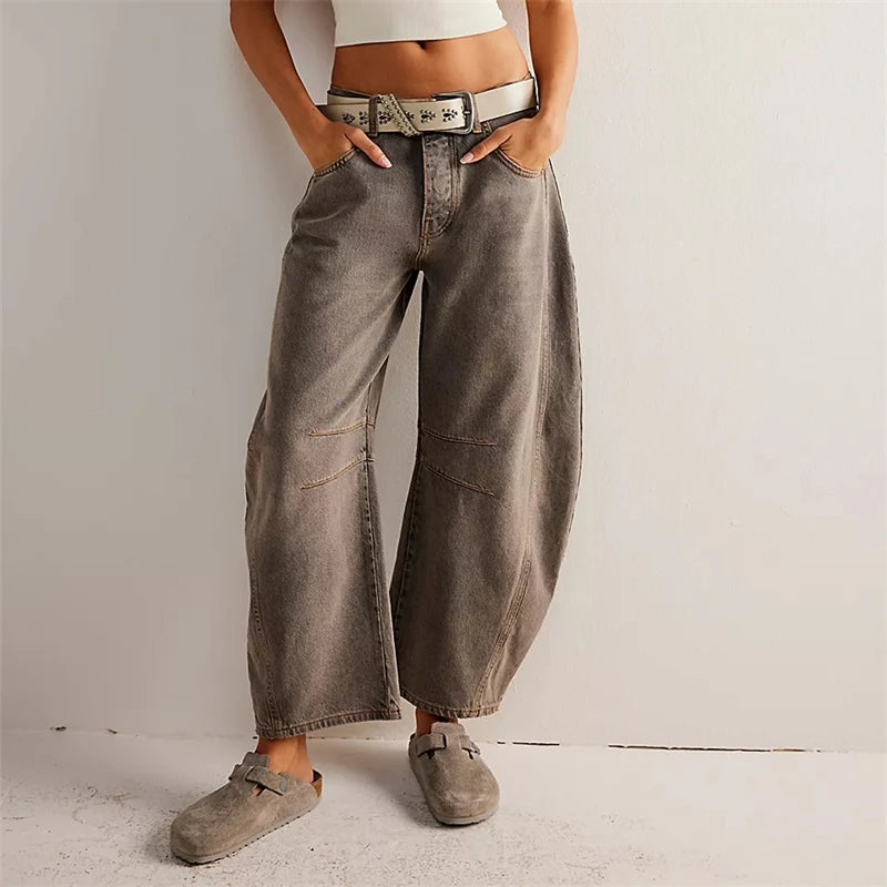 Midiross High Stretch Mid-Rise Barrel Jeans Fashion wide Leg Shape Women Casual Baggy Mid Waist Denim Pants