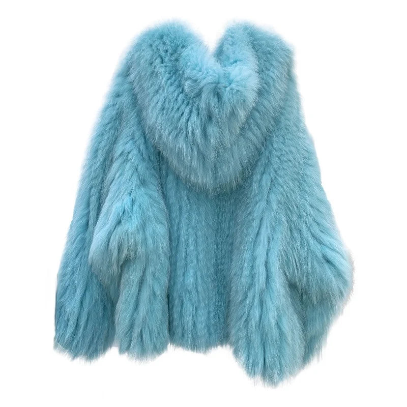 Fox Fur Coat Women's Winter Fashion Warm 100% Fox Fur Coat Hooded Long Sleeved Sweet Women's Luxury Designer Coat