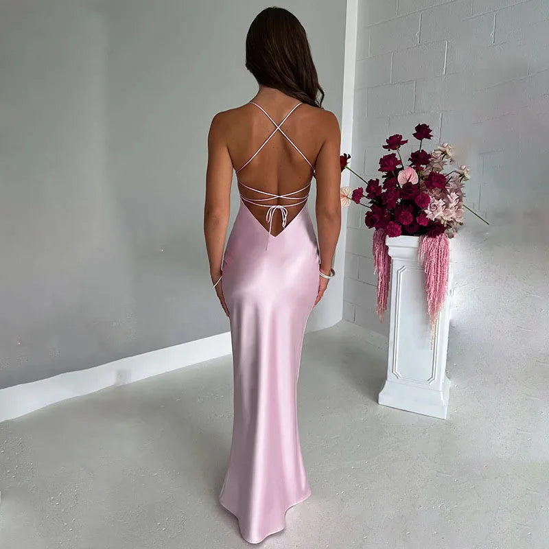Sexy Spaghetti Strap Satin Dresses Women Elegant Backless Lace Up Mermaid Dress Woman Sleeveless Slim Bodycon Party Long Dress