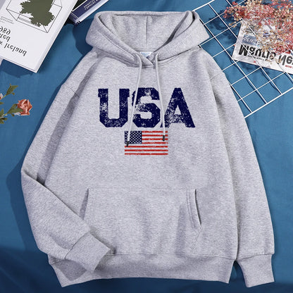 Usa Letters American Flag Stars And Stripes Hoodie Men Women Fleece Hoody Fleece Oversize Sweatshirt Autumn Pocket Clothes
