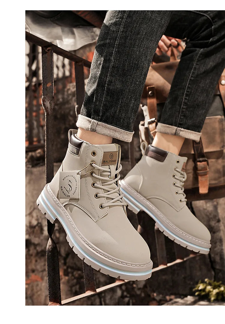 Classic Men High Top Boots High Quality Yellow Leather Boots Fashion Outdoor Sneakers Men Lace Up Non-Slip Ankle Boots for Men