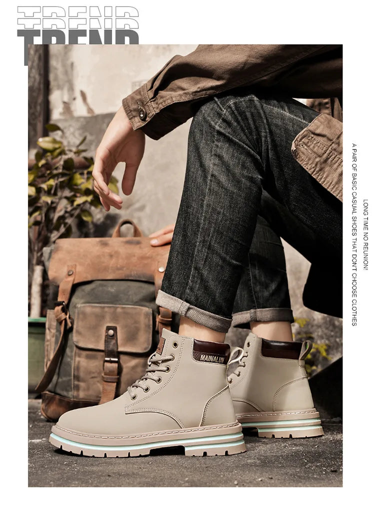 Classic Men High Top Boots High Quality Yellow Leather Boots Fashion Outdoor Sneakers Men Lace Up Non-Slip Ankle Boots for Men