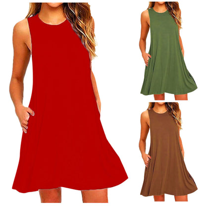Women Summer Casual Dresses Beach Cover up Plain Pleated Tank Dress, Women Pockets Sleeveless Above Knee Dress Loose Party Dress