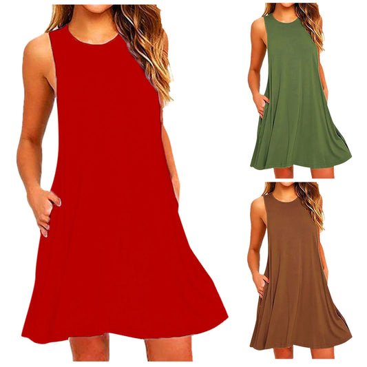 Women Summer Casual Dresses Beach Cover up Plain Pleated Tank Dress, Women Pockets Sleeveless Above Knee Dress Loose Party Dress