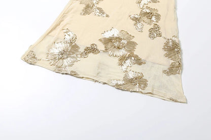 Nibber Elegant Flower Embroidery Maxi Dress Women Low-Neck Cross Bandage Backless Summer Street Trend Skinny Holiday Vestidos