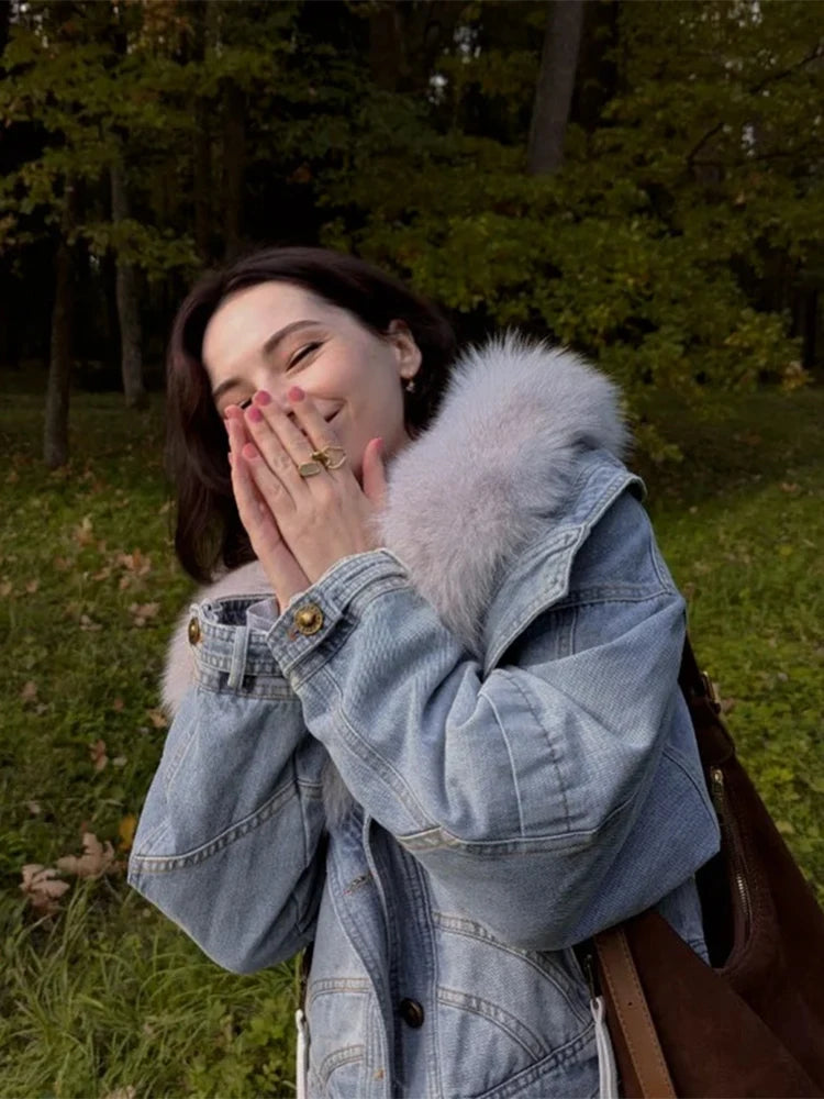 Womens Coats Spring New 100%Natural Real Fox Fur Collar Fashion Short Denim Jacket Luxury Goose Down Puffer Jackets Clothing