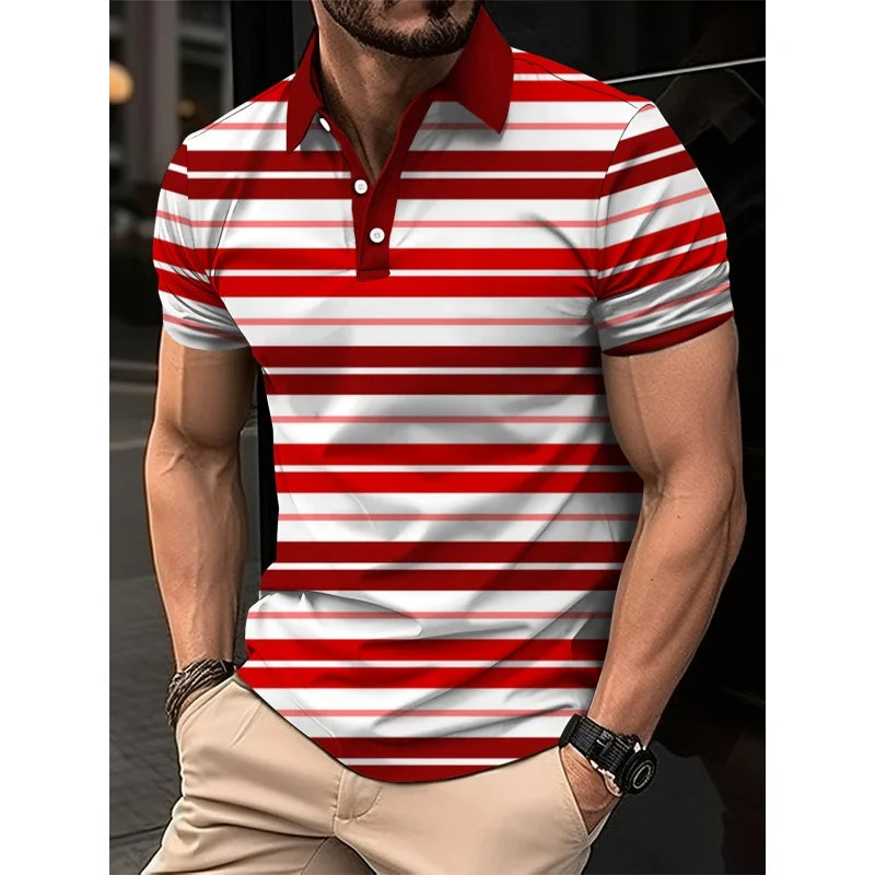 3D Print Stripes Color Block Polo Shirt For Men Colorful Pattern T-Shirts Summer Loose Street Lapel Top Button Short Sleeve Tees