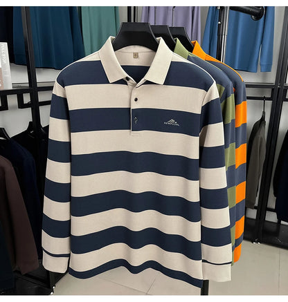 High end brand men's long sleeve polo shirt autumn fashion striped original letter design boutique golf casual business T-shirt