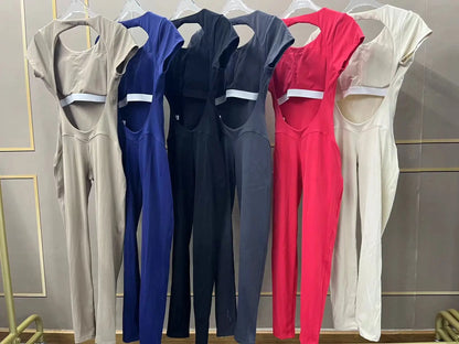 2025 Yoga Jumpsuit Fitness Sports Overalls Gym Clothing Set Wear Pilates Workout Clothes Women Short Sleeves Outfit Activewear