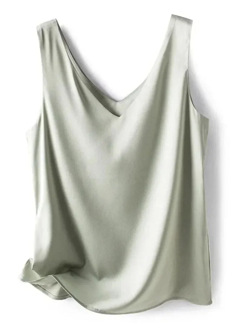 Woman T-shirts Elegant SILK Satin Blouse Sleeveless Female Summer 2026 Casual Loose Tanks and Camis Solid Green Tops for Women