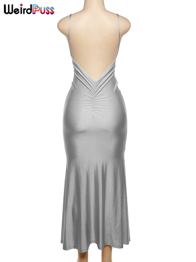 Weird Puss Sexy Backless Women Evening Maxi Dress Folds V-Neck Sleeveless Coquette Elegant Mermaid Matching Banquet Prom Bodycon