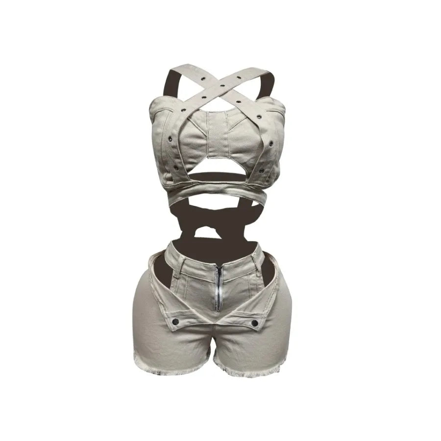 2 Piece Sets Women Denim Shorts Suit Sexy Vest Top Strap Backless Jeans Short Pants Pockets Outfits 2025/2026 Streetwear Ensemble