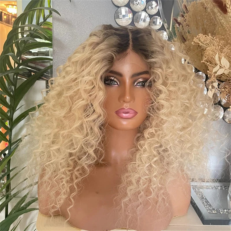 Deep Curly Honey Blonde Wig Short Dark Roots Synthetic Lace Front Wig For Women Daily Use Baby Hair Glueless Wig
