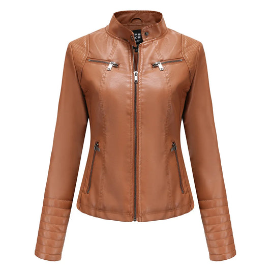 Women's Slim Leather Jacket, Stand-up Collar, Zipper Stitching, Monochromatic Coat, Fashion Clothing, New