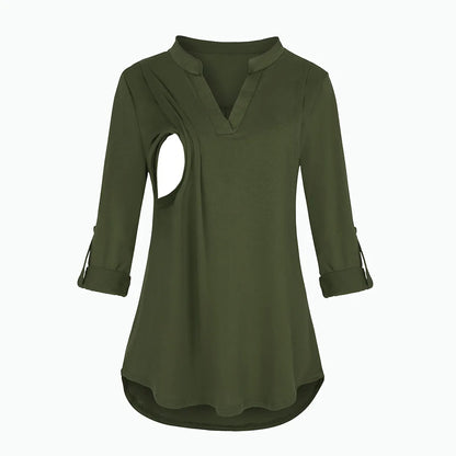 Women's Maternity Breastfeeding T-shirt V-Neck Solid Color Long Sleeve Nursing Tops Clothes for Pregnant Women