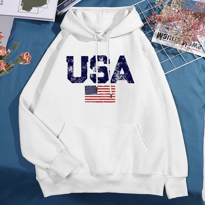 Usa Letters American Flag Stars And Stripes Hoodie Men Women Fleece Hoody Fleece Oversize Sweatshirt Autumn Pocket Clothes