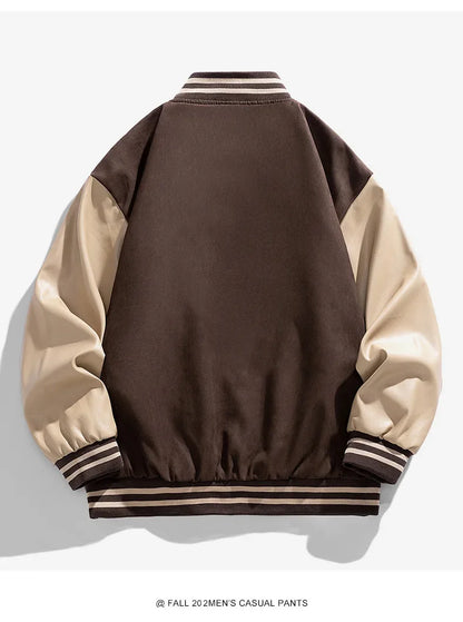 American Retro Suede Baseball Jacket Men's Spring Autumn Casual Leather Sleeve Outerwear JK819 Public Version Couple's Style