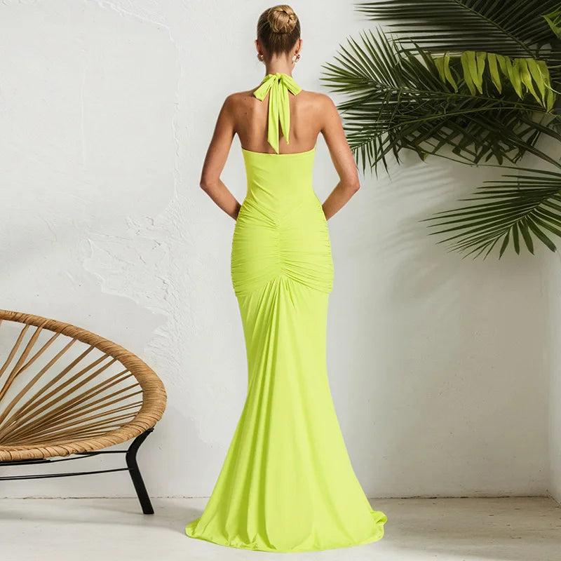 Sexy Deep V-neck Backless Halter Maxi Dresses Women's Sleeveless High Waist Bodycon Pleated Robe 2025 New Evening Party Gown