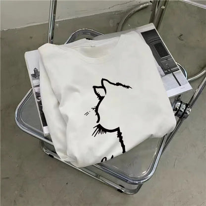 Summer New Loose Dress Women Casual Fashion Cartoon Simple Cat Print Round Neck Short-sleeved Dress