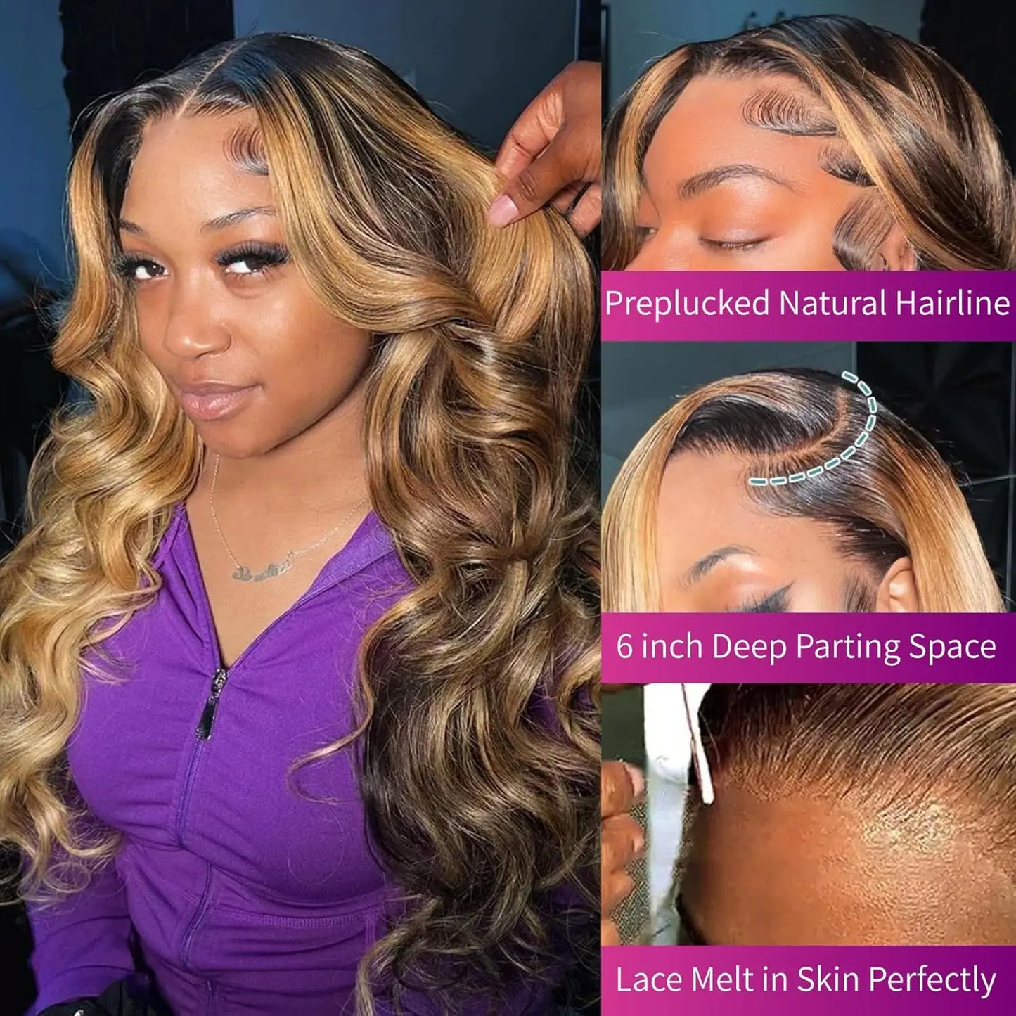 Highlight Ombre Body Wave Lace Front Wig Human Hair 13x4 13X6 4/27 Honey Blonde Lace Frontal Wigs Pre Plucked 200 Density