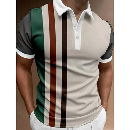 Men's Button Polo Shirt Collar Short-sleeved Pullover Sports Summer Casual Button Striped Collar Trend T-shirt Tops