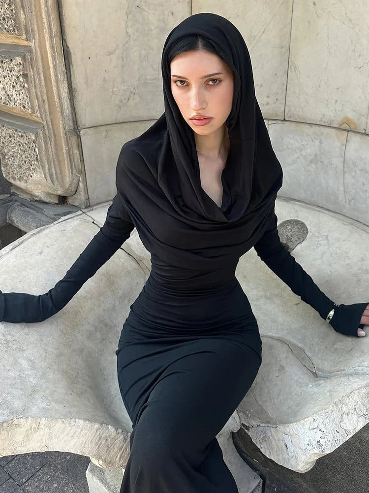 Sisterlinda Casual Hooded Long Dresses Woman Autumn Trend Swing Collar Full Sleeve Skinny High Stretch Solid Elegant Vestidos