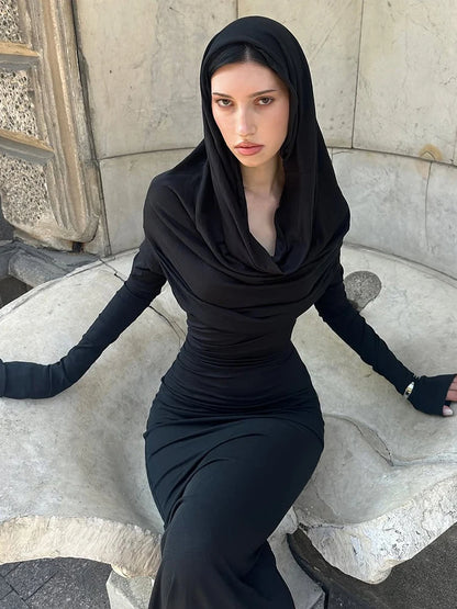 Sisterlinda Casual Hooded Long Dresses Woman Autumn Trend Swing Collar Full Sleeve Skinny High Stretch Solid Elegant Vestidos