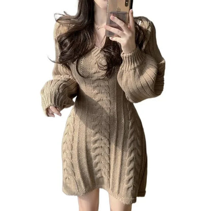 Korean Chic Autumn Gentle V-neck Linen Pattern Design Slimming Long Sleeve A- line Knitted Dress High Collar Ankle-length Dress
