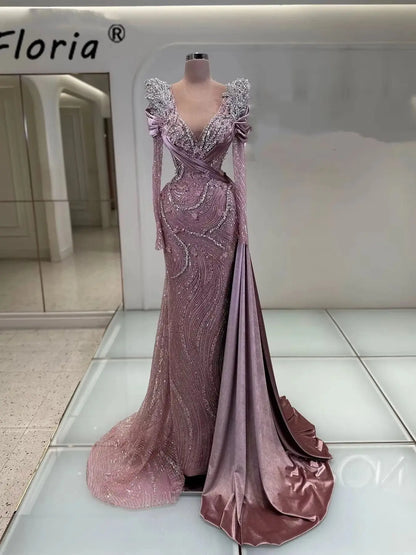 Modest Pink Evening Wedding Dresses Arabia Beaded Crystal Mermaid Prom Gowns Customized Formal Dress Elegant Gala Robe Soiree