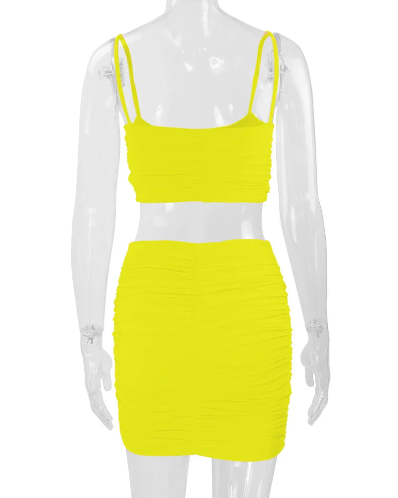 Women's New Sexy Sleeveless Strap Small Tank Top Short Top Fashion Wrinkle Bag Hip Skirt Two Piece Set