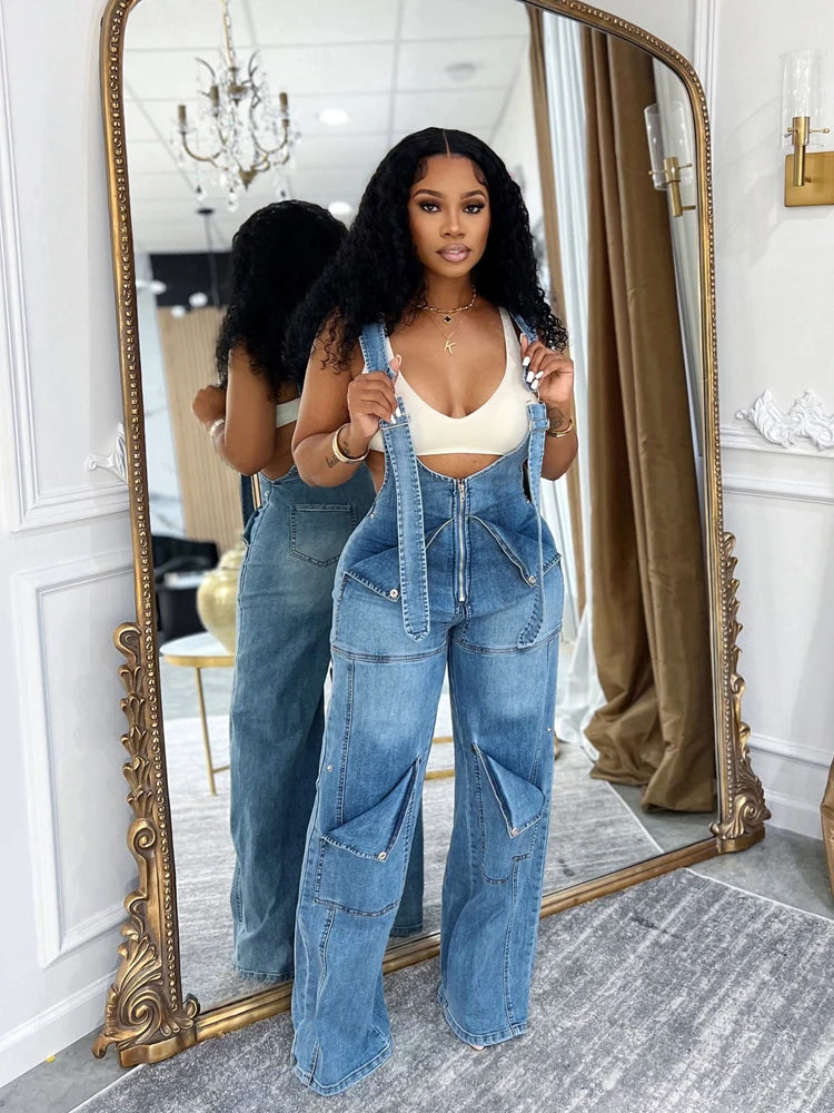 Summer Fashion Loose High Waisted Zip Denim Overalls Women Clothes Multi Pockets Cargo Jeans Trousers Casual Wide Leg Jumpsuits