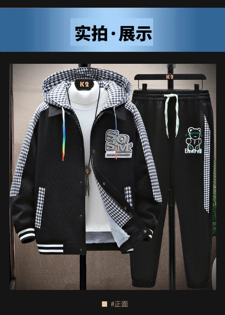 Winter Men's Sets Tracksuit Men Wool Hooded Sweatshirt Thicken Warm Sportswear Male Casual Suit Two Piece Sets