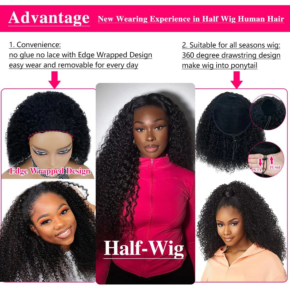 Deep Curly Half Wig Human Hair Glueless Wig Human Hair Ready to Wear 3 IN 1 Half Wig Drawstring Jerry Curly Glueless Half Wig
