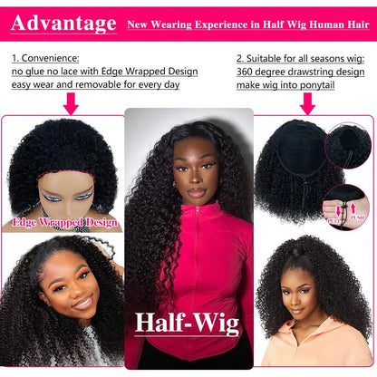 Deep Curly Half Wig Human Hair Glueless Wig Human Hair Ready to Wear 3 IN 1 Half Wig Drawstring Jerry Curly Glueless Half Wig