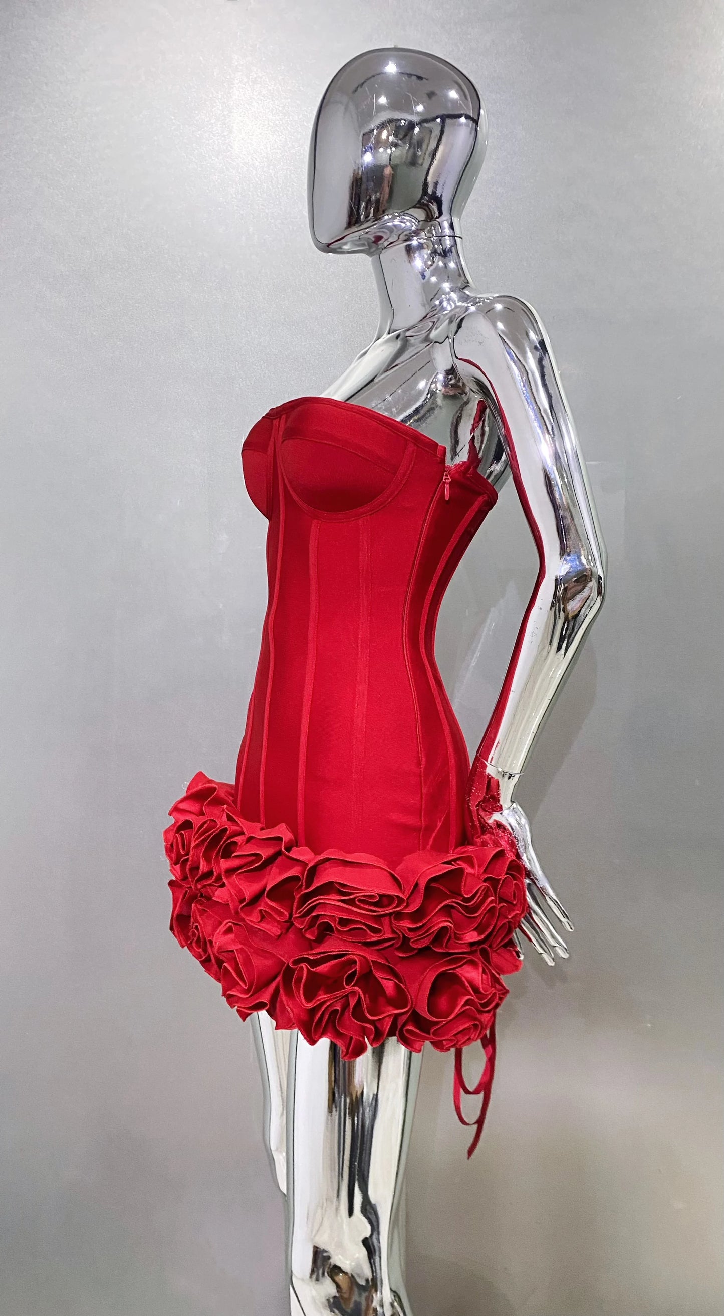 Stereoscopic Flowers Back Laceing Strapless Red Bandage Mini Evening Dress Sweet Woman Birthday Party Dress Performance costume