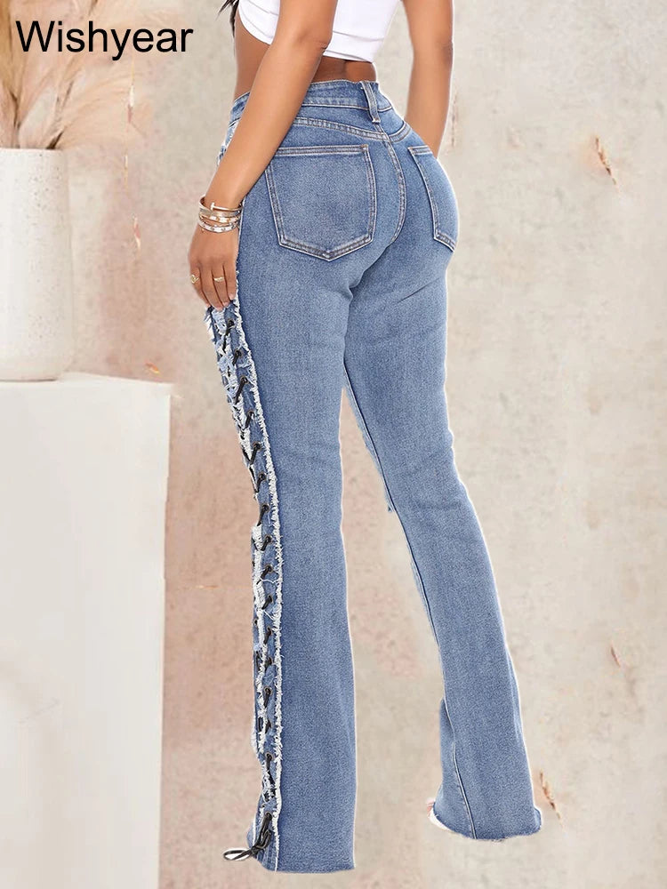 Women's Slim Fit Ripped Denim Jeans High Stretch Blue Pants Eyelet Lace Detail Streetwear Cowboy Style Y2K Flattering Bottoms